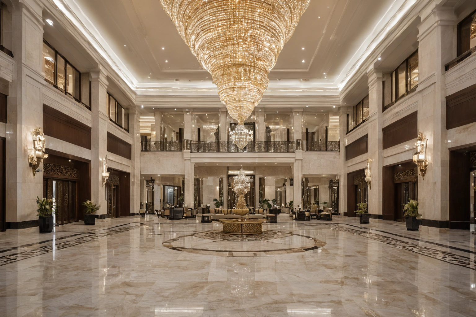 Polished stone hotel lobby with a custom chandelier in Dubai